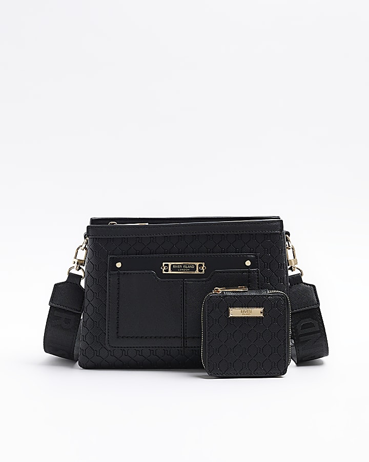 River Island Black Embossed Monogram Cross Body Bag