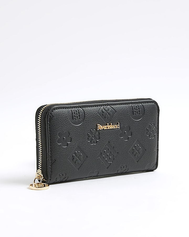 River Island Black Embossed Monogram Zip Around Purse