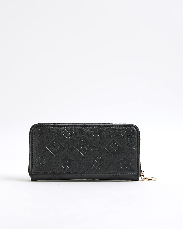 River Island Black Embossed Monogram Zip Around Purse