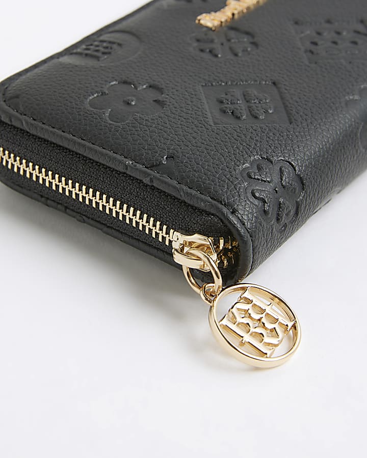 River Island Black Embossed Monogram Zip Around Purse