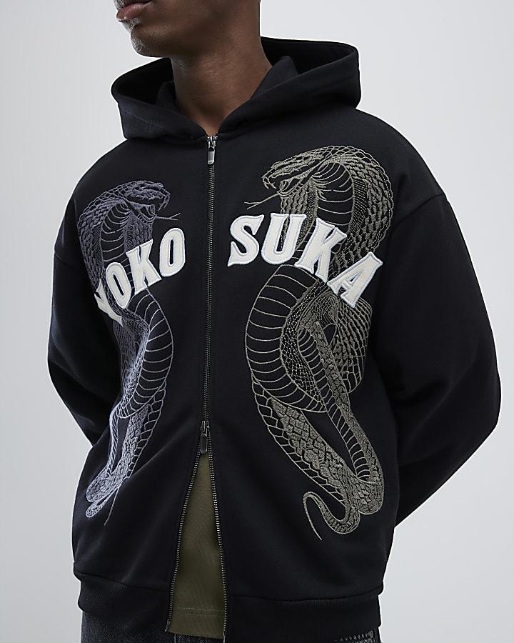 River Island Black Embroidered Yokosuka Snake Hoodie