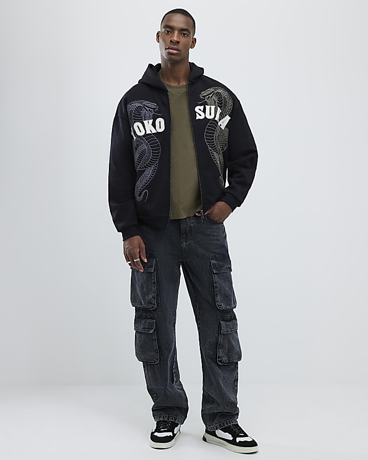 River Island Black Embroidered Yokosuka Snake Hoodie
