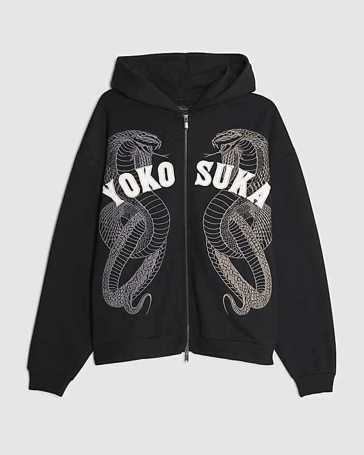 river island Black Embroidered Yokosuka Snake Hoodie