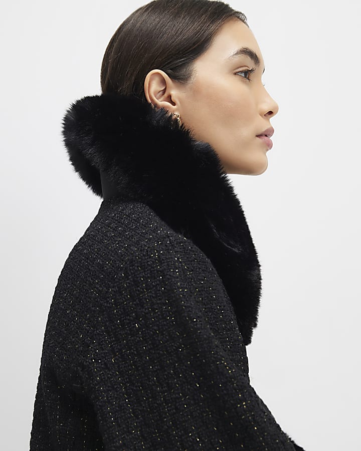 River Island Black Faux Fur Collar Boucle Cropped Jacket