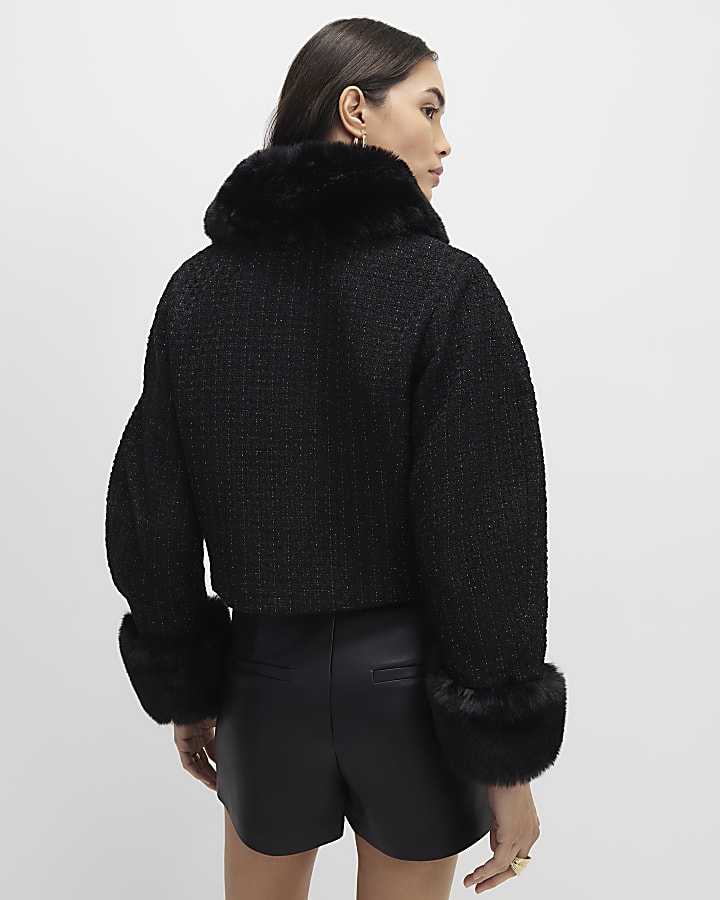 River Island Black Faux Fur Collar Boucle Cropped Jacket