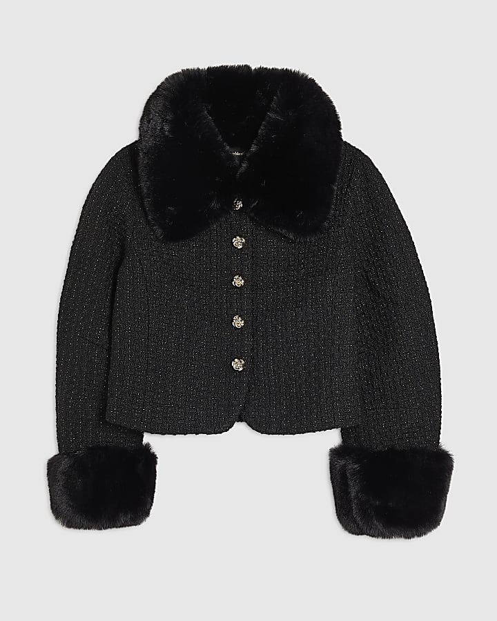 river island Black Faux Fur Collar Boucle Cropped Jacket