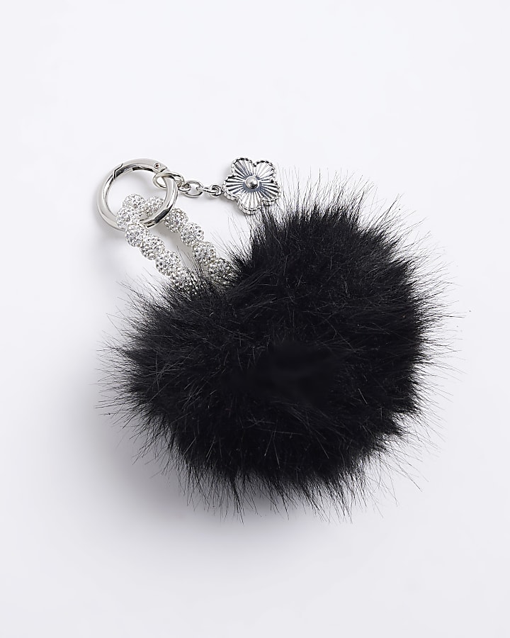River Island Black Faux Fur Pompom Diamante Bag Charm