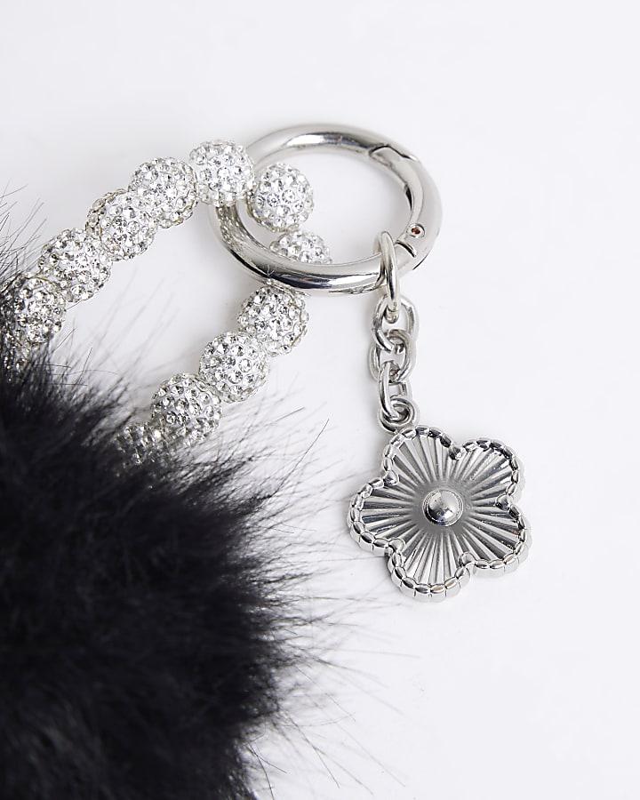 river island Black Faux Fur Pompom Diamante Bag Charm