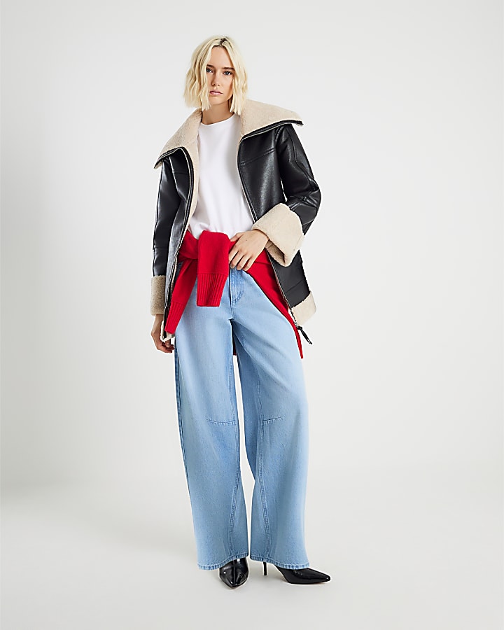 River Island Black Faux Leather Belted Aviator Jacket