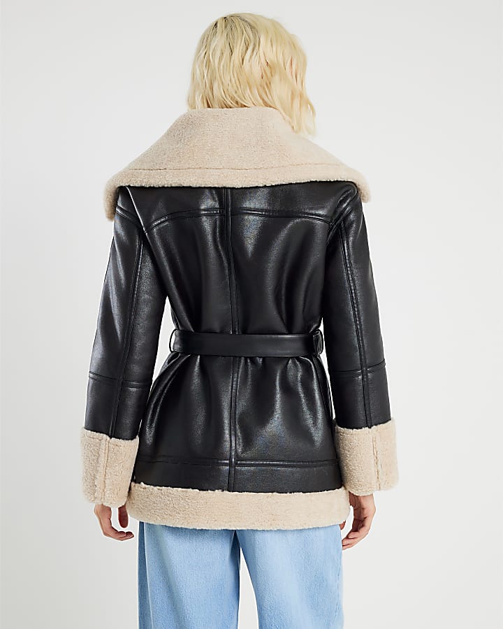 River Island Black Faux Leather Belted Aviator Jacket