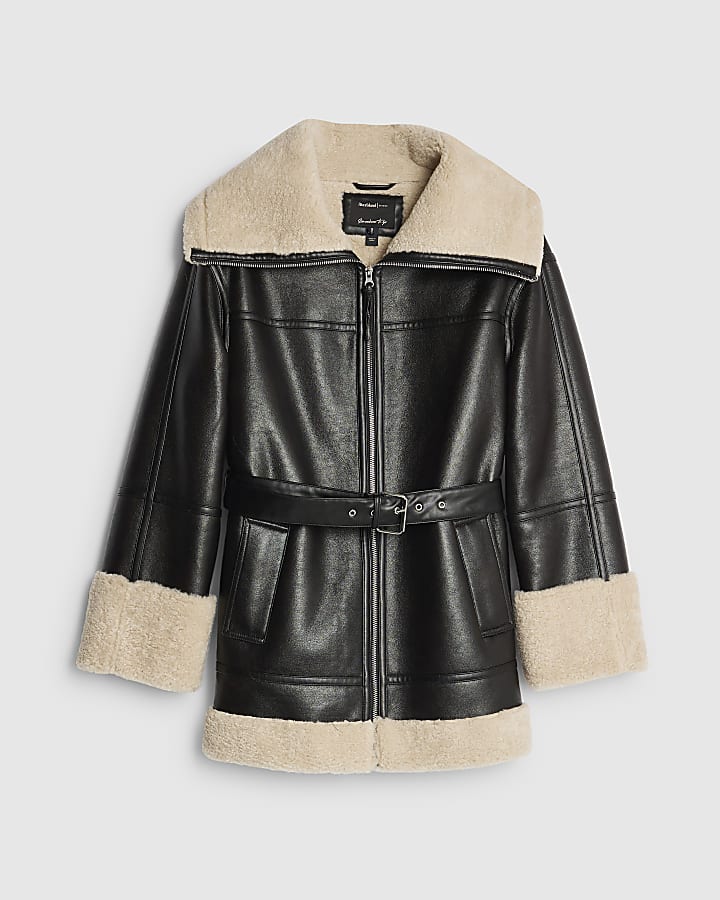 river island Black Faux Leather Belted Aviator Jacket