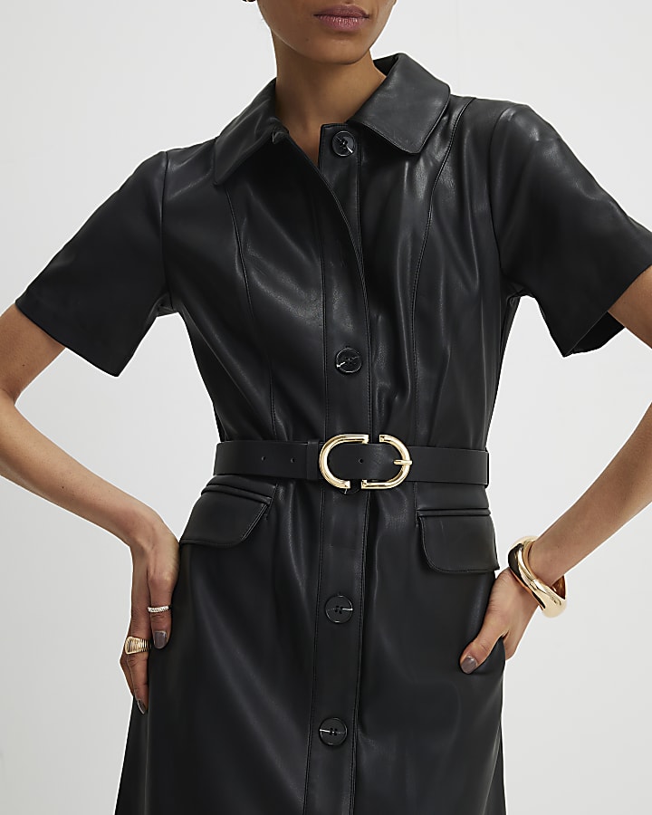 River Island Black Faux Leather Belted Mini Shirt Dress