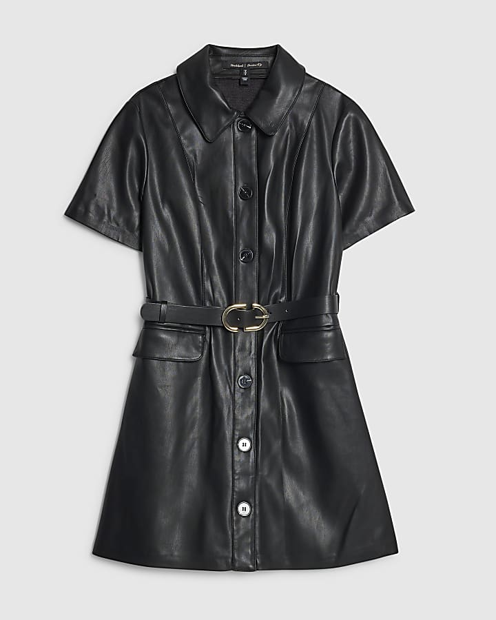 river island Black Faux Leather Belted Mini Shirt Dress