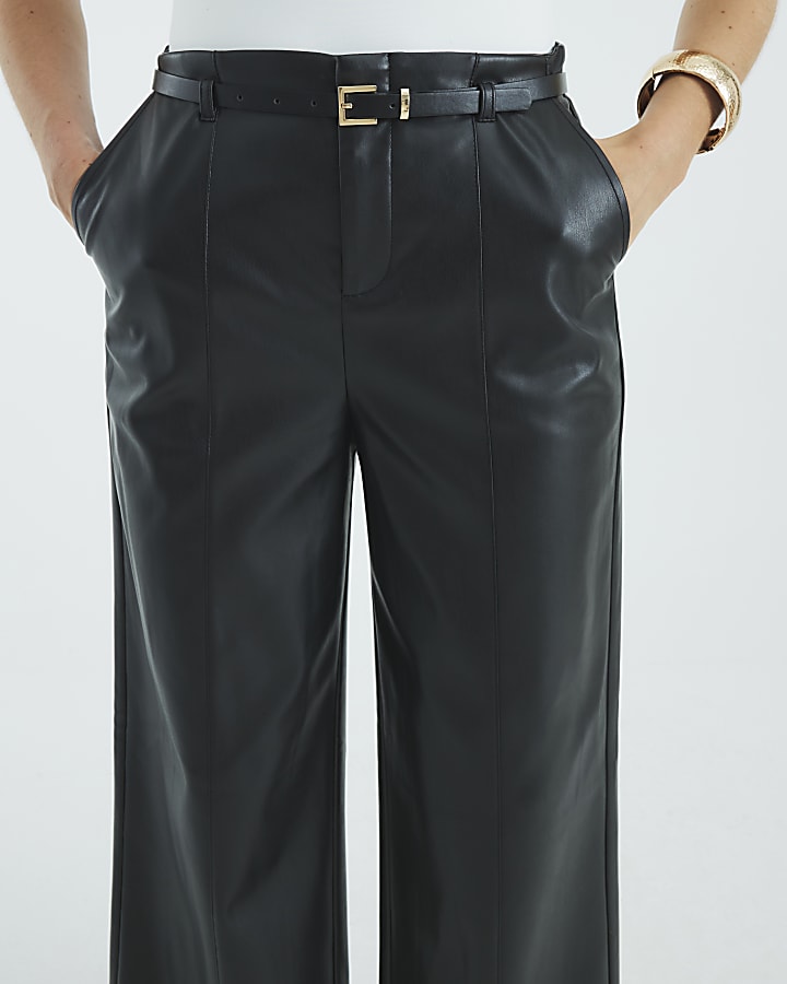 River Island Black Faux Leather Belted Wide Leg Trousers