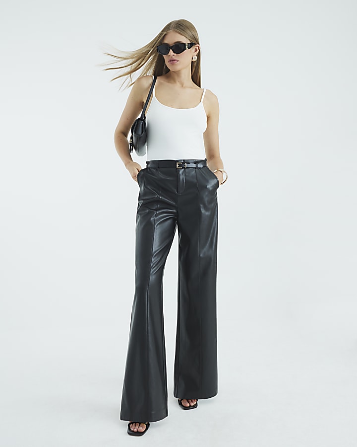 River Island Black Faux Leather Belted Wide Leg Trousers
