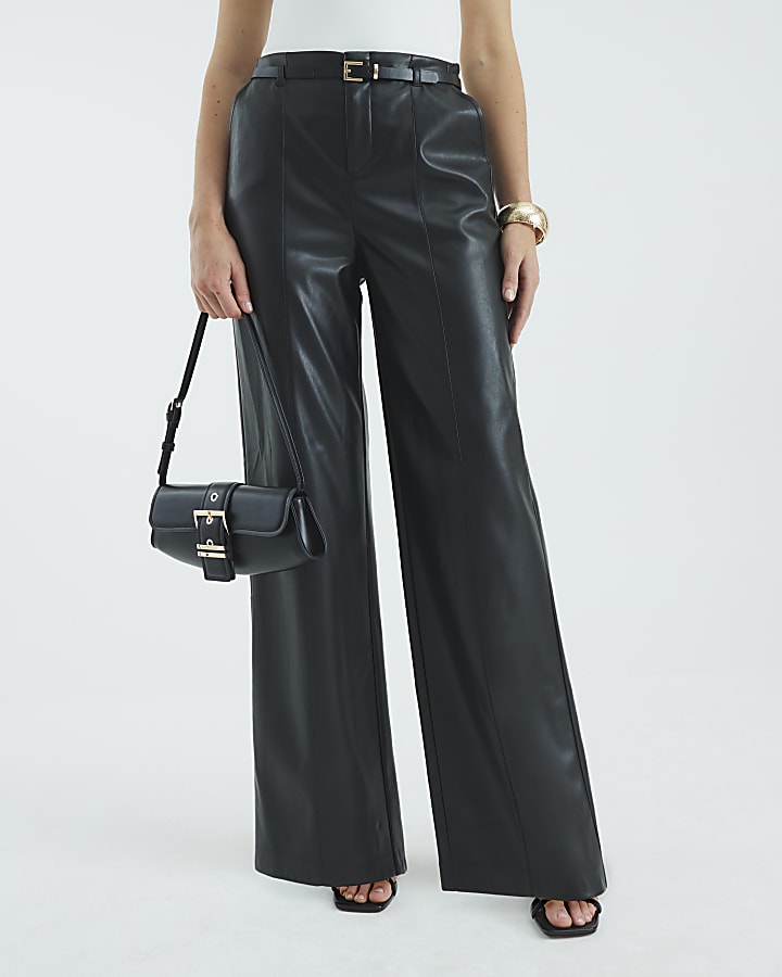 River Island Black Faux Leather Belted Wide Leg Trousers