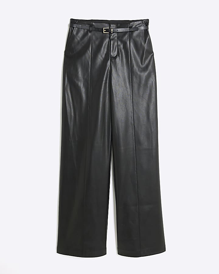 river island Black Faux Leather Belted Wide Leg Trousers