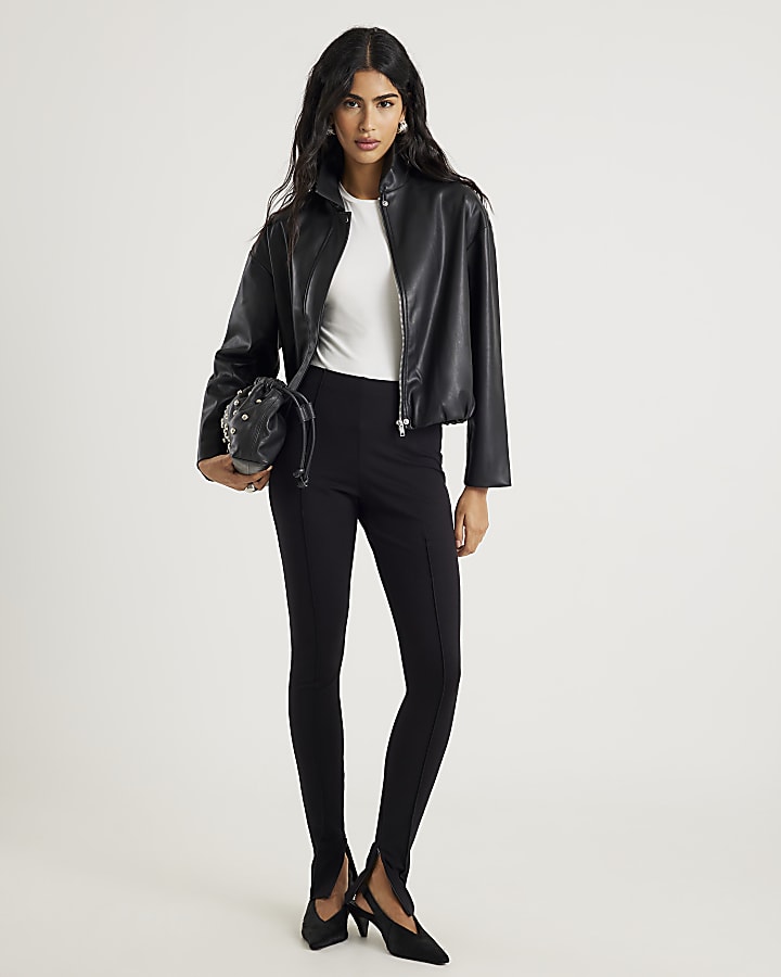 River Island Black Faux Leather Bubble Hem Bomber Jacket