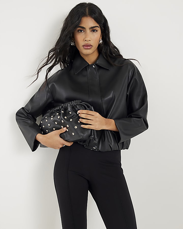River Island Black Faux Leather Bubble Hem Bomber Jacket