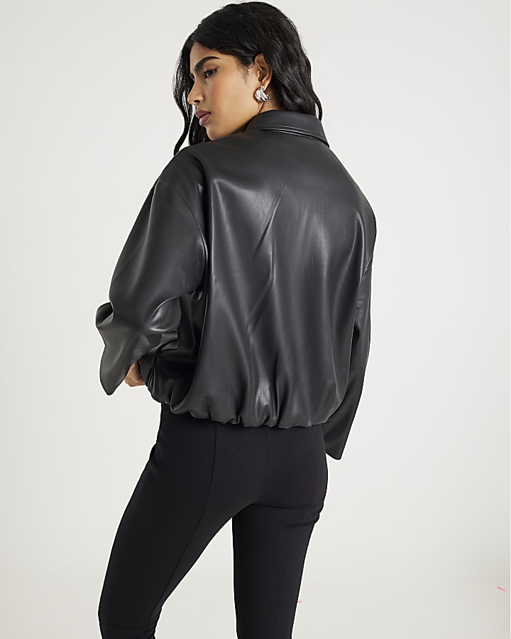 River Island Black Faux Leather Bubble Hem Bomber Jacket