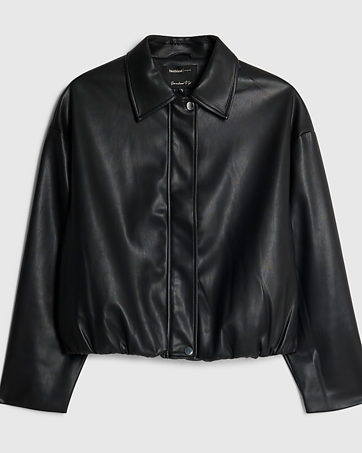 river island Black Faux Leather Bubble Hem Bomber Jacket