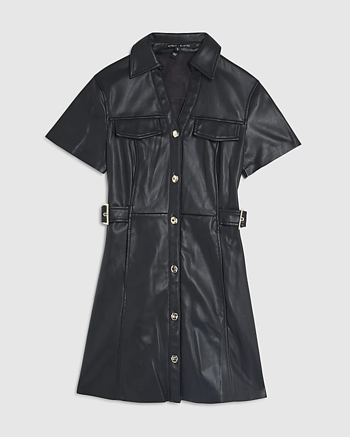 river island Black Faux Leather Buckle Waist Mini Dress