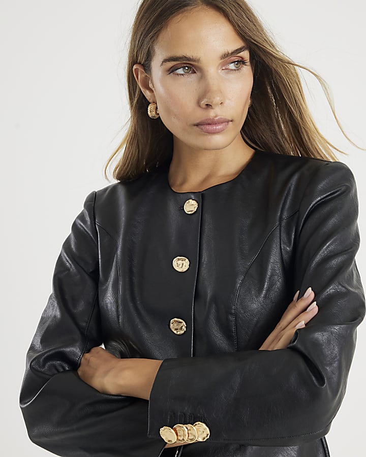 River Island Black Faux Leather Button Collarless Jacket