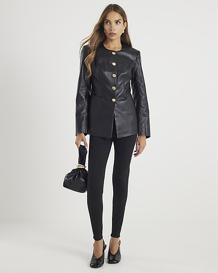 River Island Black Faux Leather Button Collarless Jacket