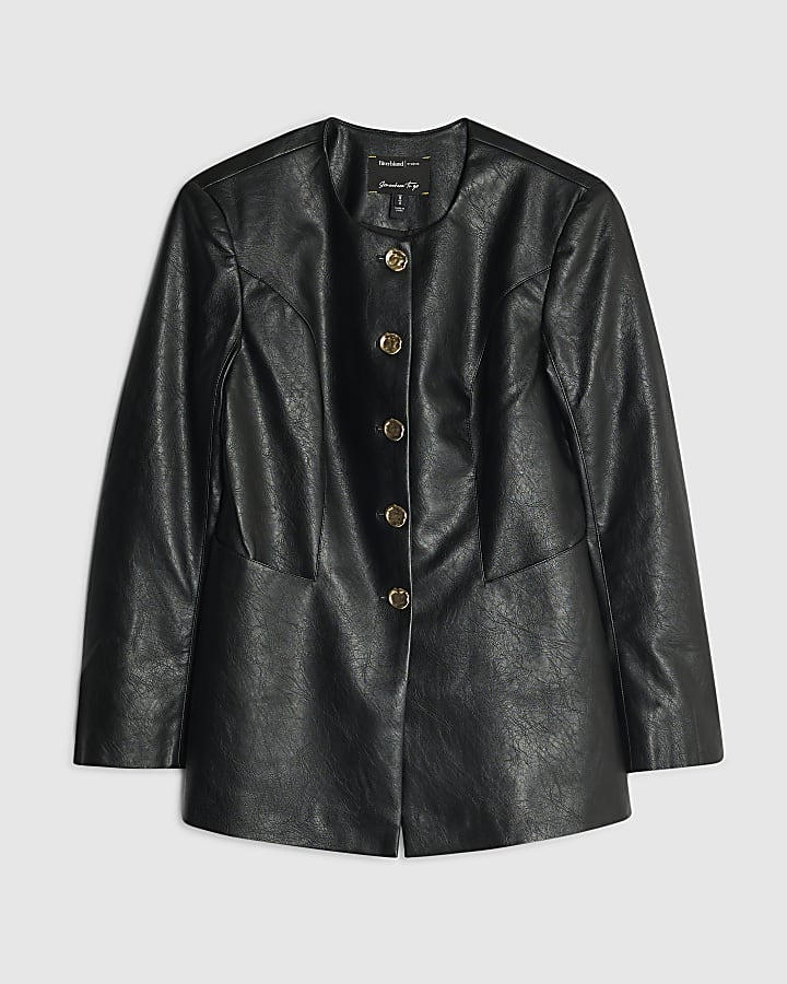river island Black Faux Leather Button Collarless Jacket
