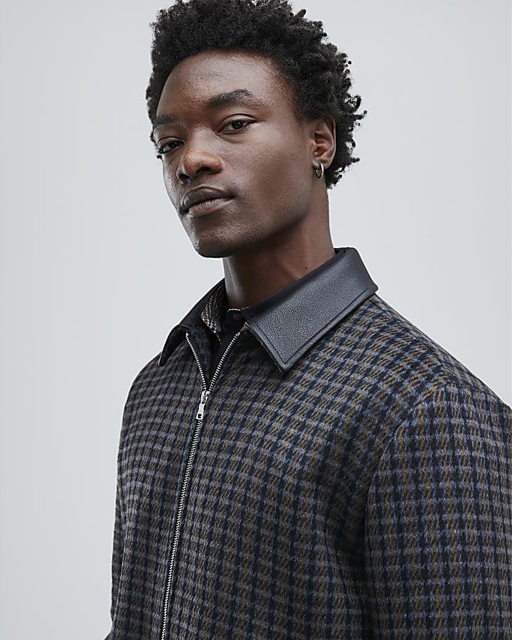 River Island Black Faux Leather Check Collared Jacket