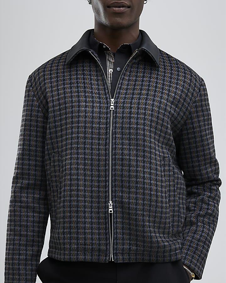 River Island Black Faux Leather Check Collared Jacket