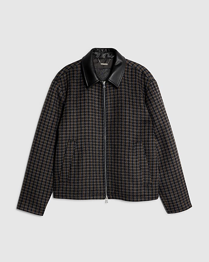 river island Black Faux Leather Check Collared Jacket