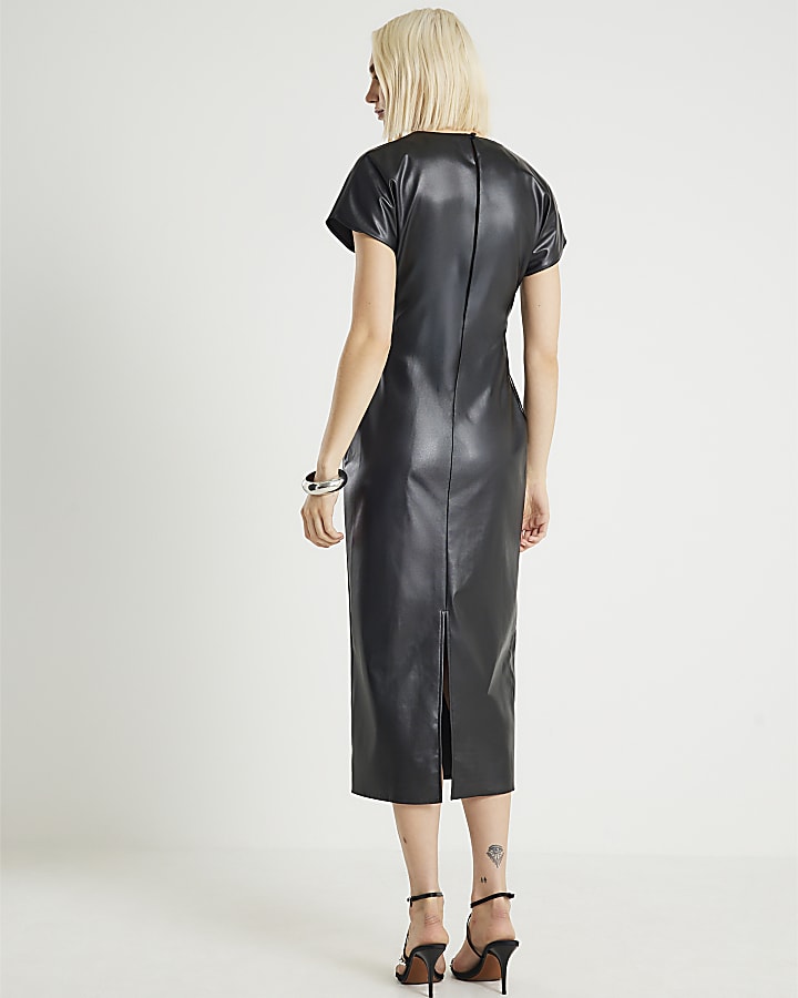 River Island Black Faux Leather Cinched Waist Midi Dress
