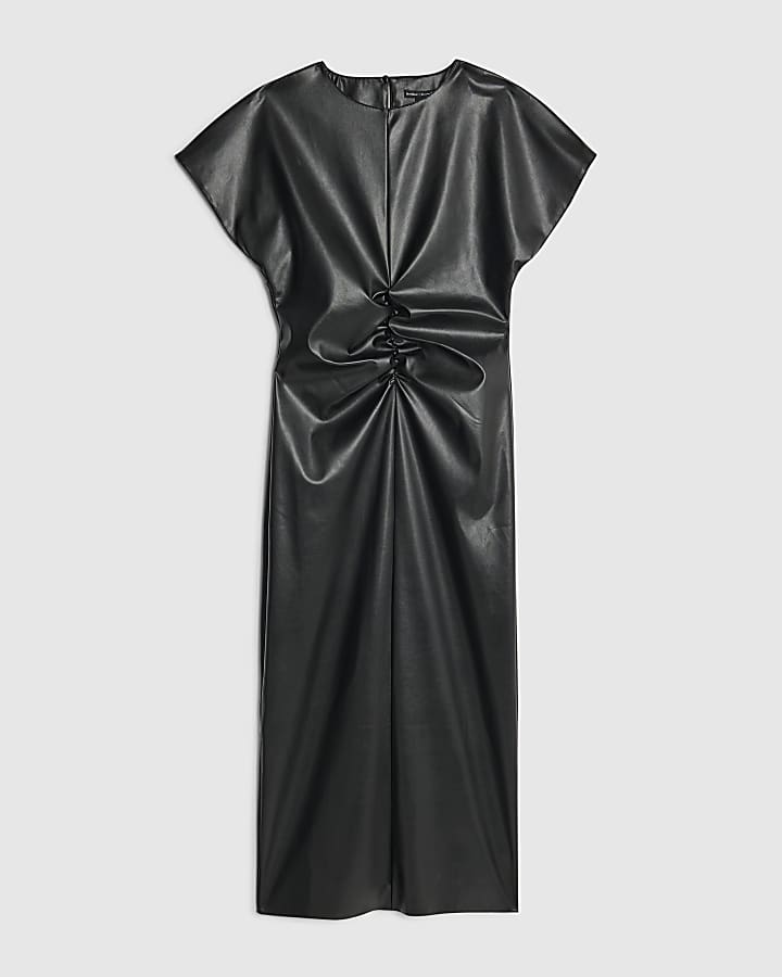 river island Black Faux Leather Cinched Waist Midi Dress