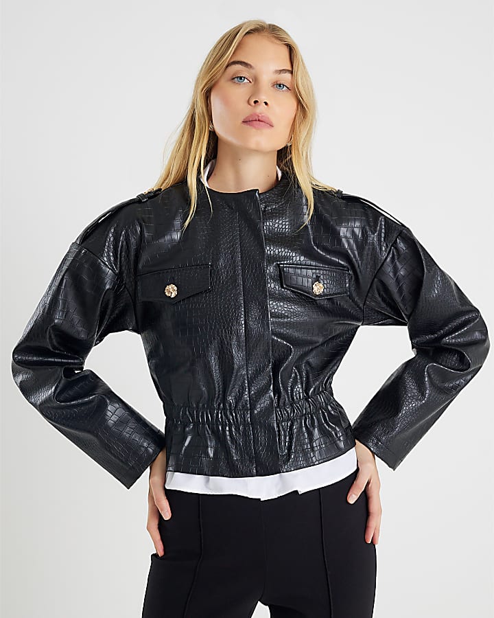River Island Black Faux Leather Croc Print Peplum Jacket