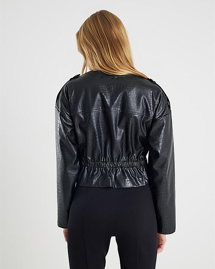 River Island Black Faux Leather Croc Print Peplum Jacket