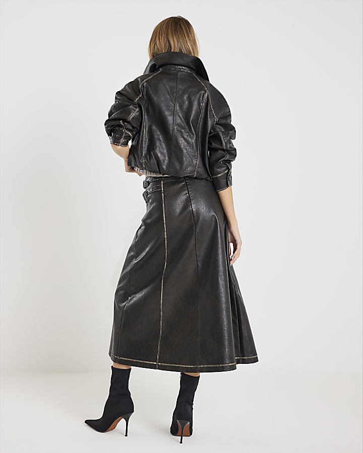 River Island Black Faux Leather Distressed Wrap Midi Skirt