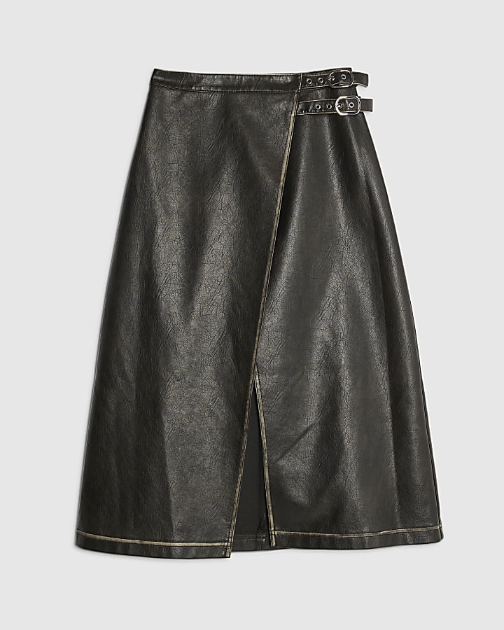 river island Black Faux Leather Distressed Wrap Midi Skirt
