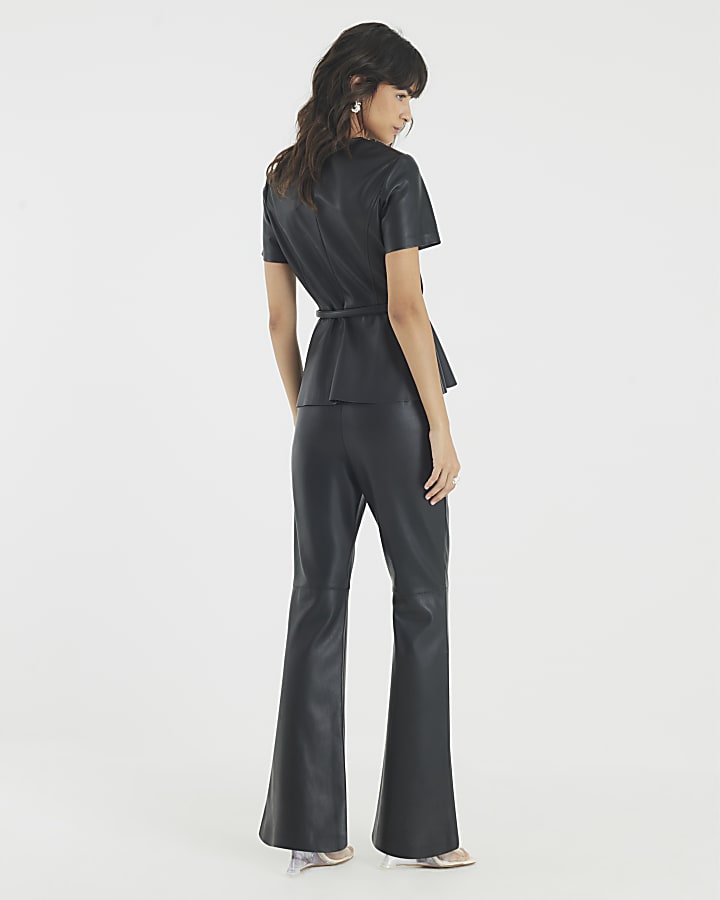 River Island Black Faux Leather Fitted Flared Trousers