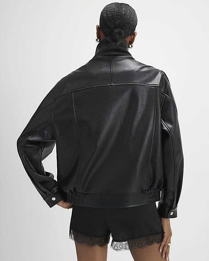 River Island Black Faux Leather Funnel Neck Biker Jacket