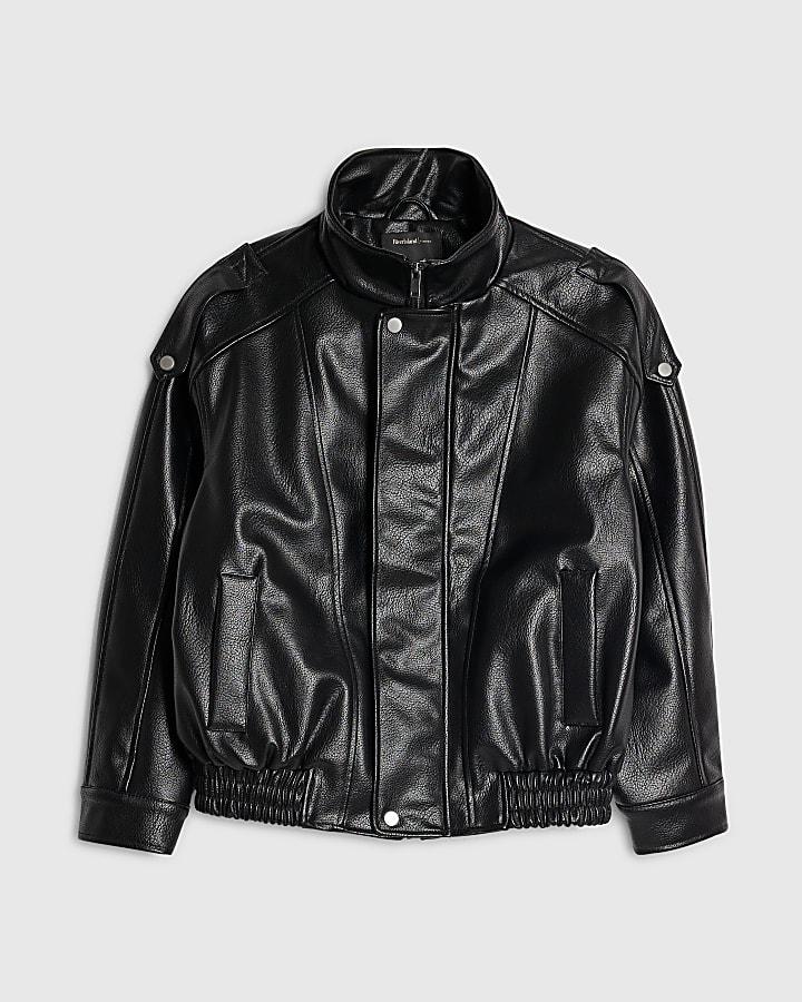 river island Black Faux Leather Funnel Neck Biker Jacket
