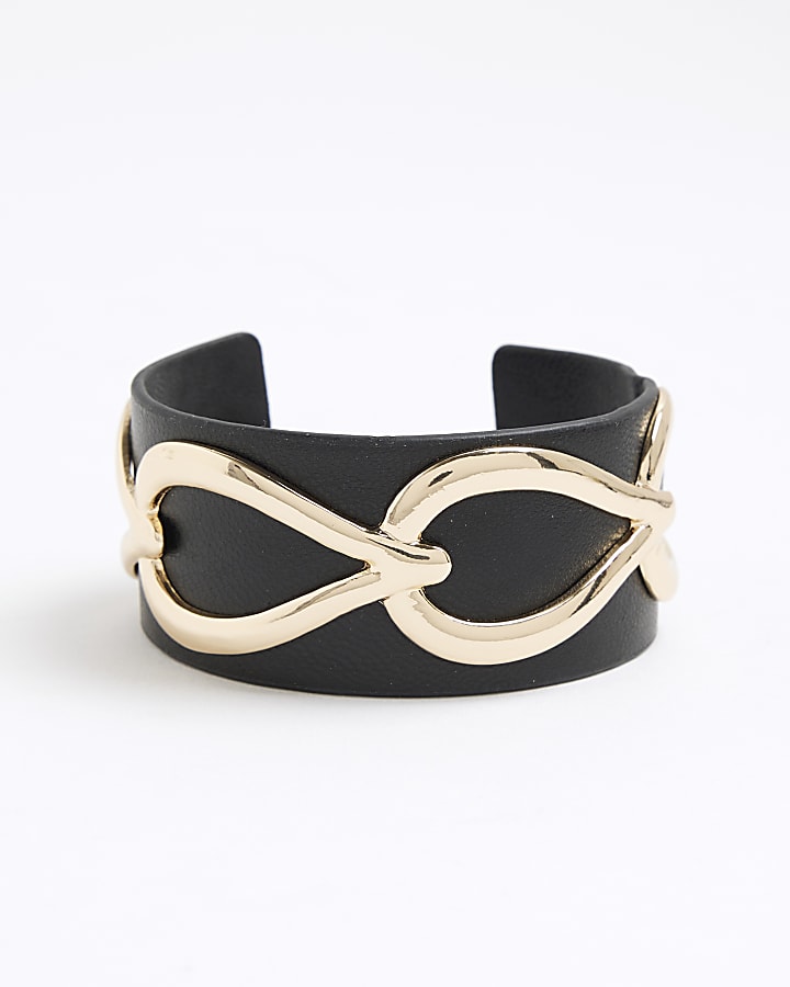 River Island Black Faux Leather Gold Detail Cuff Bracelet