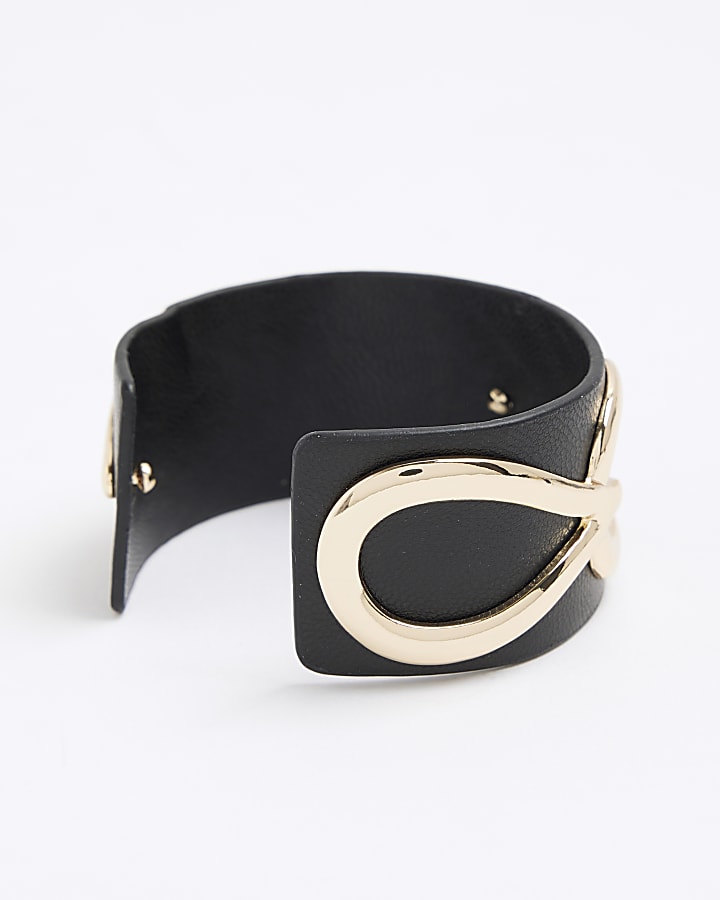 River Island Black Faux Leather Gold Detail Cuff Bracelet