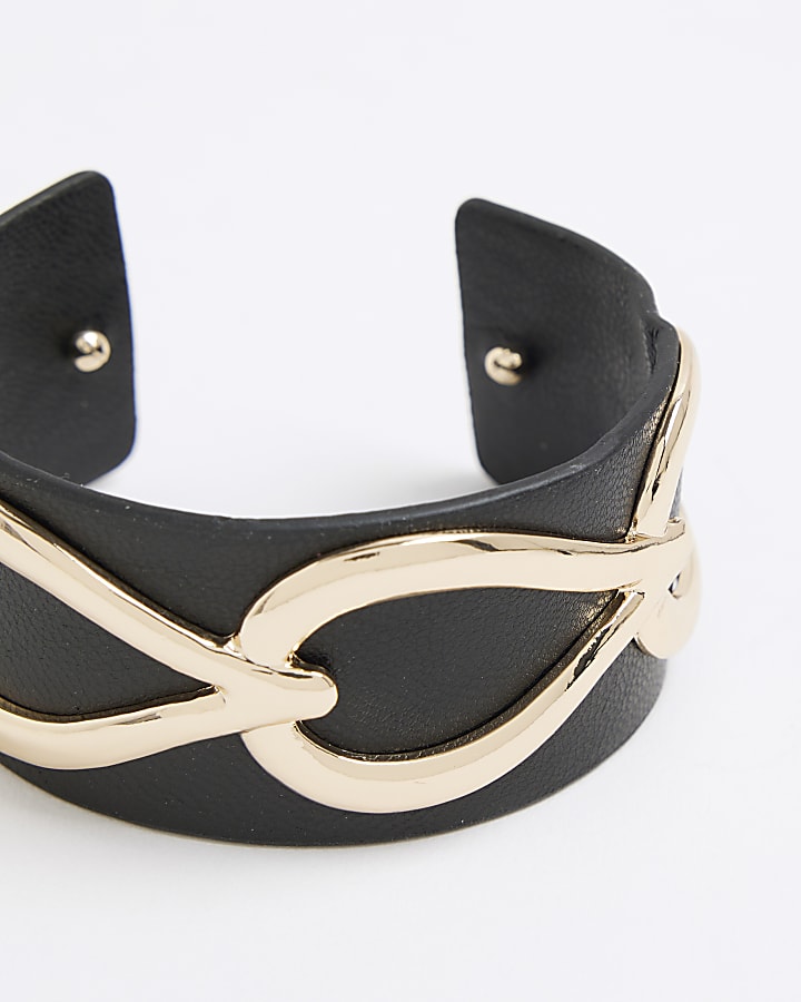 River Island Black Faux Leather Gold Detail Cuff Bracelet