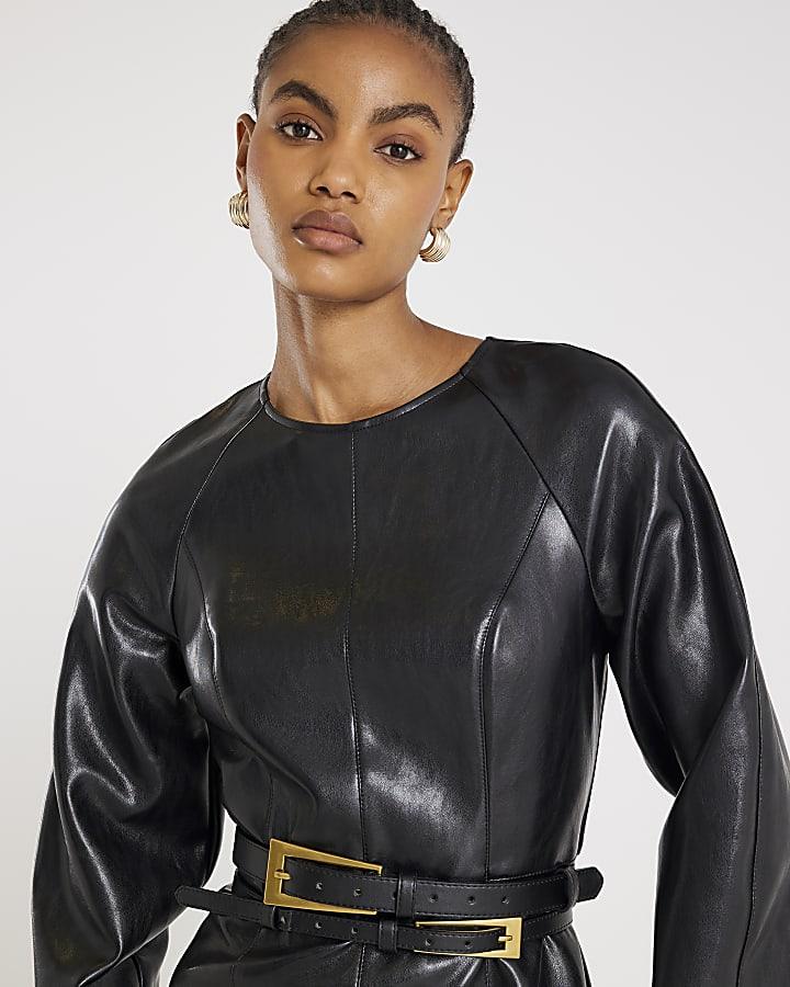 River Island Black Faux Leather Long Sleeve Mini Dress