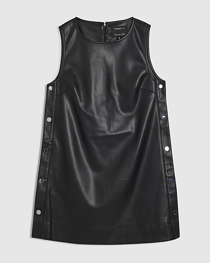river island Black Faux Leather Popper Side Shift Dress