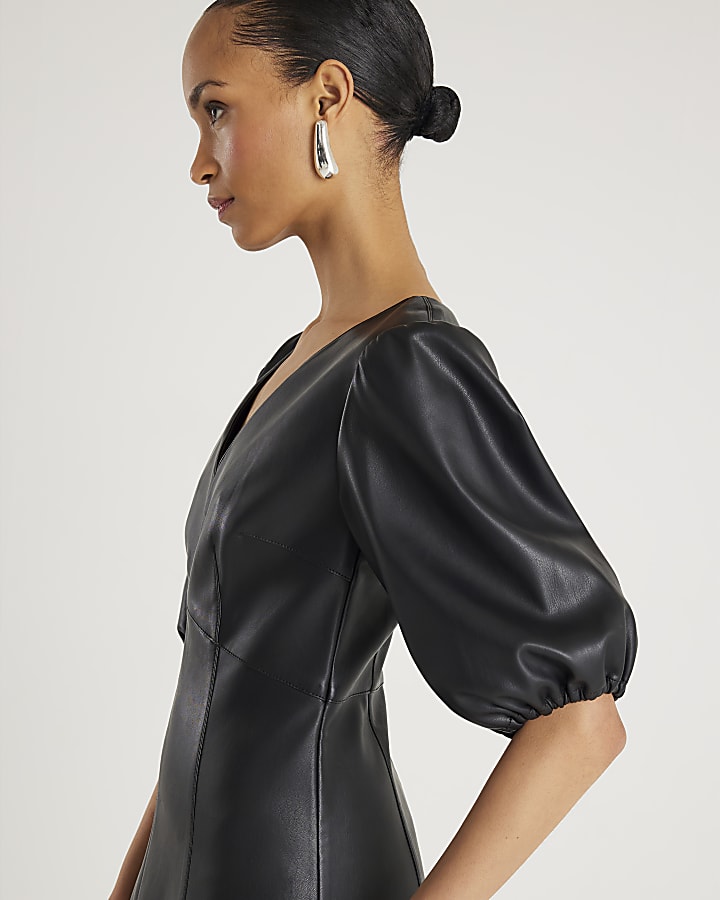 River Island Black Faux Leather Puff Sleeve Mini Dress