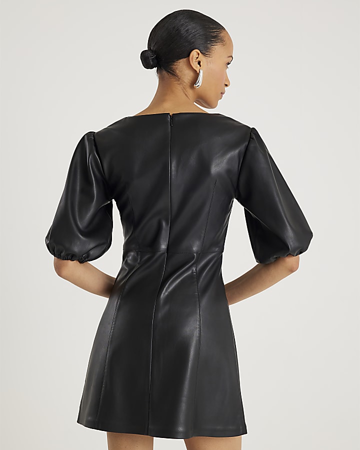 River Island Black Faux Leather Puff Sleeve Mini Dress