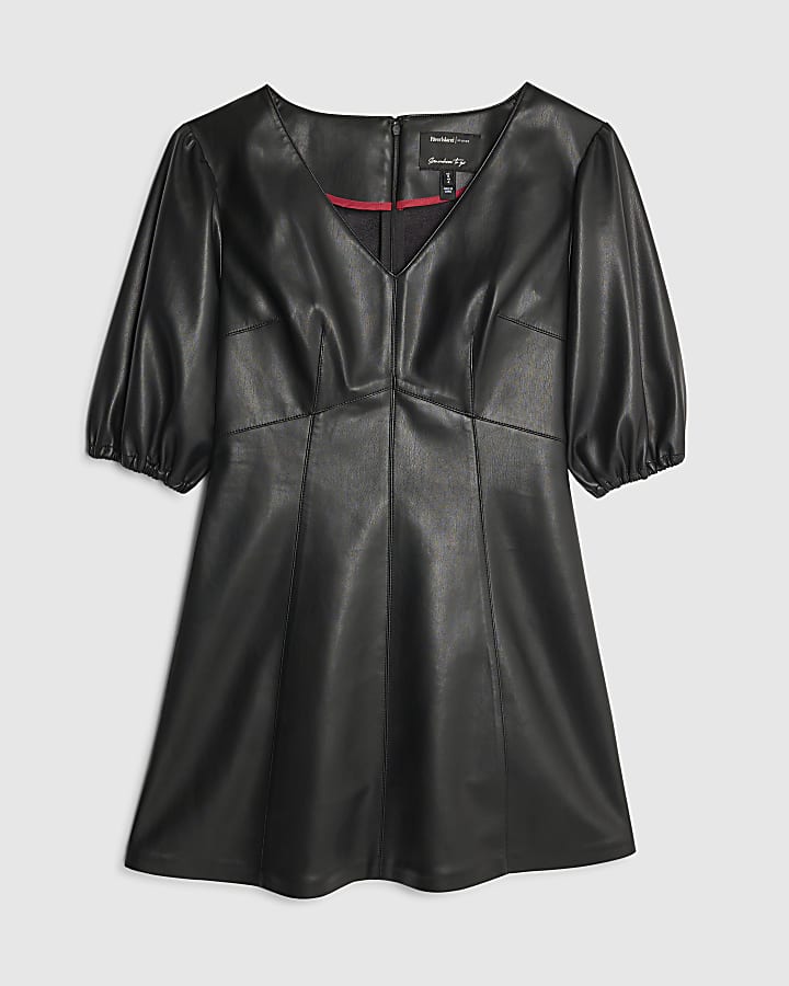 river island Black Faux Leather Puff Sleeve Mini Dress