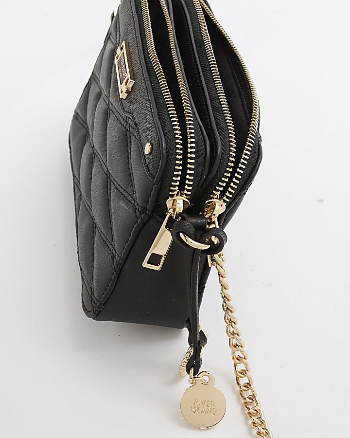 river island Black Faux Leather Quilted Cross Body Bag